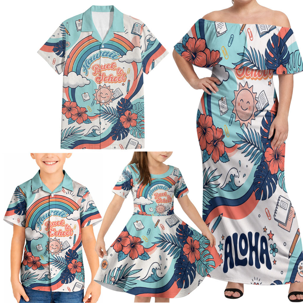 Personalized Hawaii Back To School Family Matching Off Shoulder Maxi Dress and Hawaiian Shirt Retro Rainbow Sun with Tropical Hibiscus Flowers TS04 - Polynesian Pride