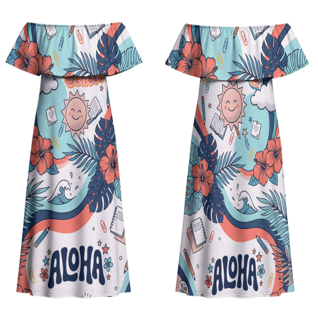 Personalized Hawaii Back To School Family Matching Off Shoulder Maxi Dress and Hawaiian Shirt Retro Rainbow Sun with Tropical Hibiscus Flowers TS04 Mom's Dress White Blue - Polynesian Pride