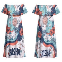 Personalized Hawaii Back To School Family Matching Off Shoulder Maxi Dress and Hawaiian Shirt Retro Rainbow Sun with Tropical Hibiscus Flowers TS04 Mom's Dress White Blue - Polynesian Pride