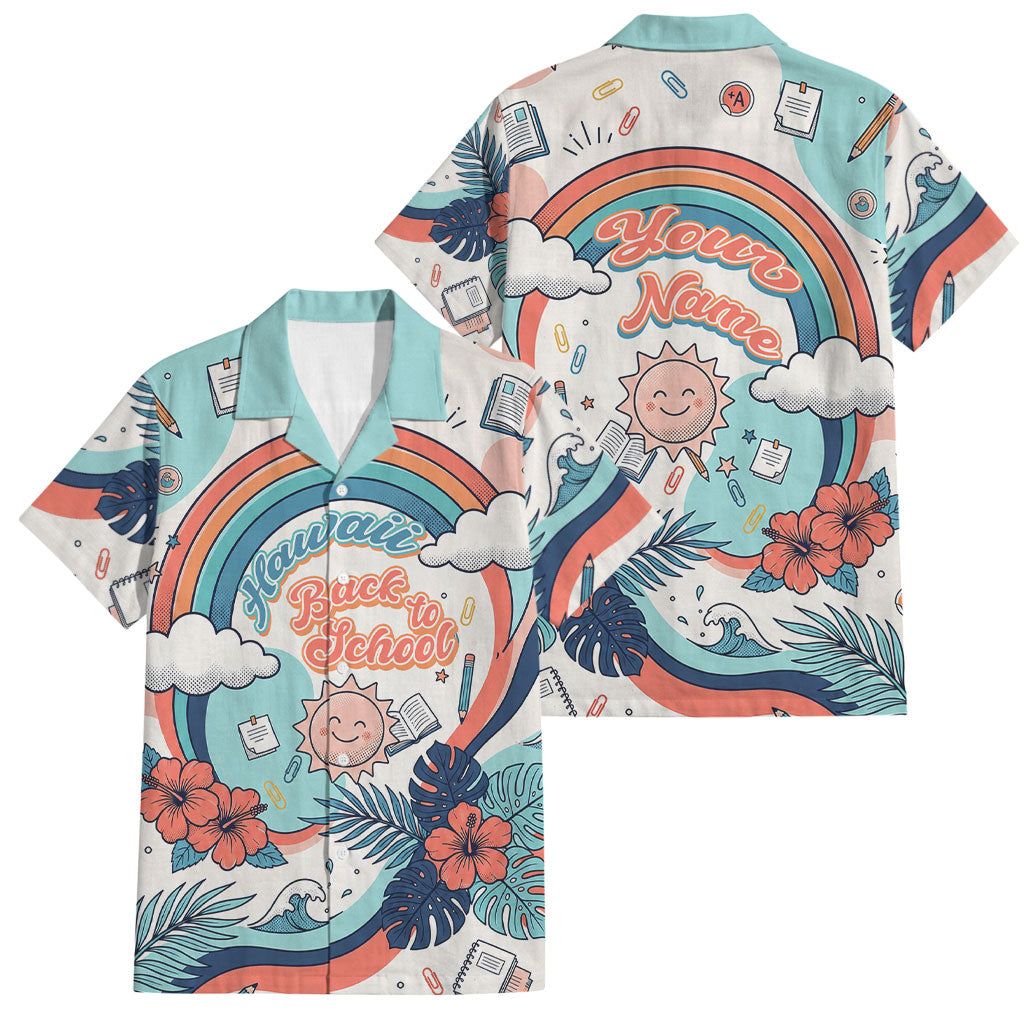 Personalized Hawaii Back To School Family Matching Off Shoulder Maxi Dress and Hawaiian Shirt Retro Rainbow Sun with Tropical Hibiscus Flowers TS04 Dad's Shirt - Short Sleeve White Blue - Polynesian Pride