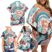 Personalized Hawaii Back To School Family Matching Off Shoulder Short Dress and Hawaiian Shirt Retro Rainbow Sun with Tropical Hibiscus Flowers TS04 - Polynesian Pride