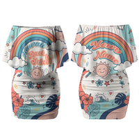 Personalized Hawaii Back To School Family Matching Off Shoulder Short Dress and Hawaiian Shirt Retro Rainbow Sun with Tropical Hibiscus Flowers TS04 Mom's Dress White Blue - Polynesian Pride