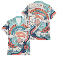 Personalized Hawaii Back To School Family Matching Off Shoulder Short Dress and Hawaiian Shirt Retro Rainbow Sun with Tropical Hibiscus Flowers TS04 Dad's Shirt - Short Sleeve White Blue - Polynesian Pride