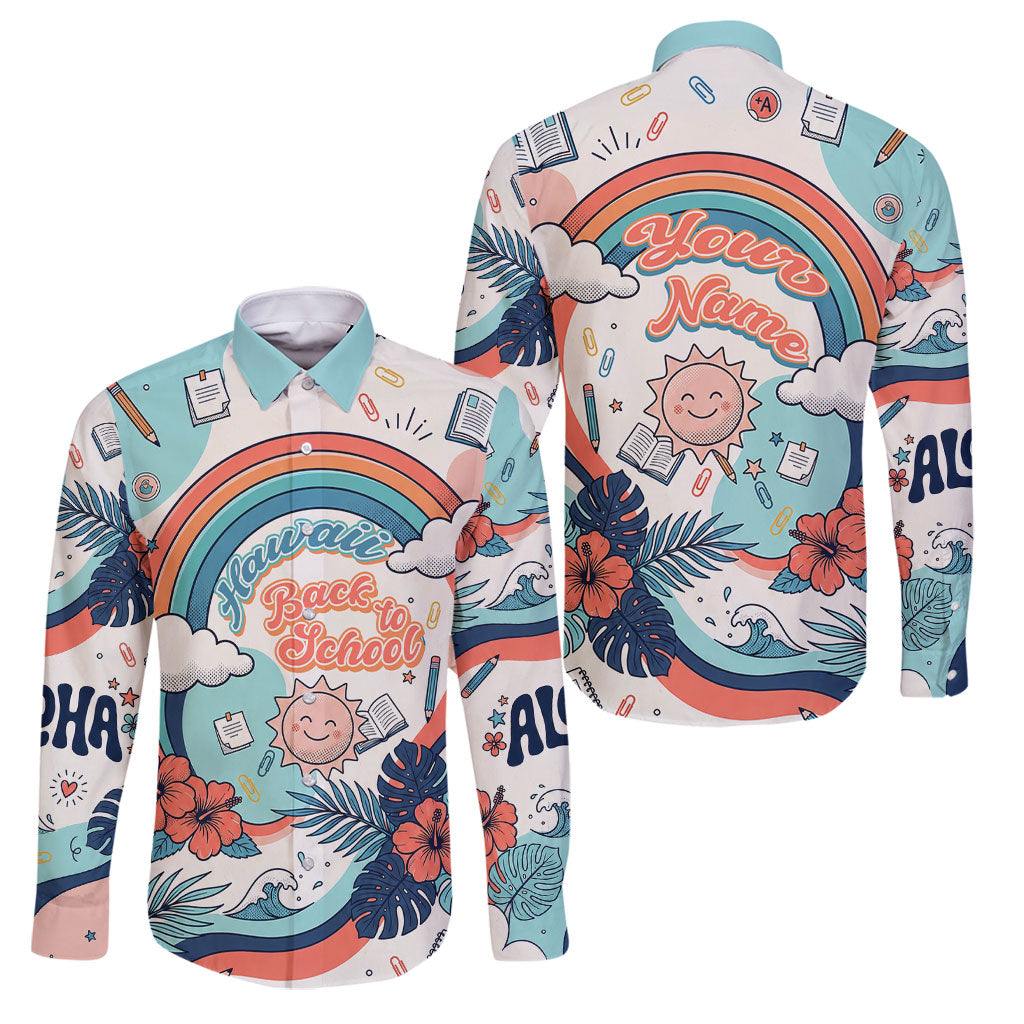 Personalized Hawaii Back To School Family Matching Off Shoulder Short Dress and Hawaiian Shirt Retro Rainbow Sun with Tropical Hibiscus Flowers TS04 Dad's Shirt - Long Sleeve White Blue - Polynesian Pride