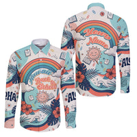 Personalized Hawaii Back To School Family Matching Off Shoulder Short Dress and Hawaiian Shirt Retro Rainbow Sun with Tropical Hibiscus Flowers TS04 Dad's Shirt - Long Sleeve White Blue - Polynesian Pride