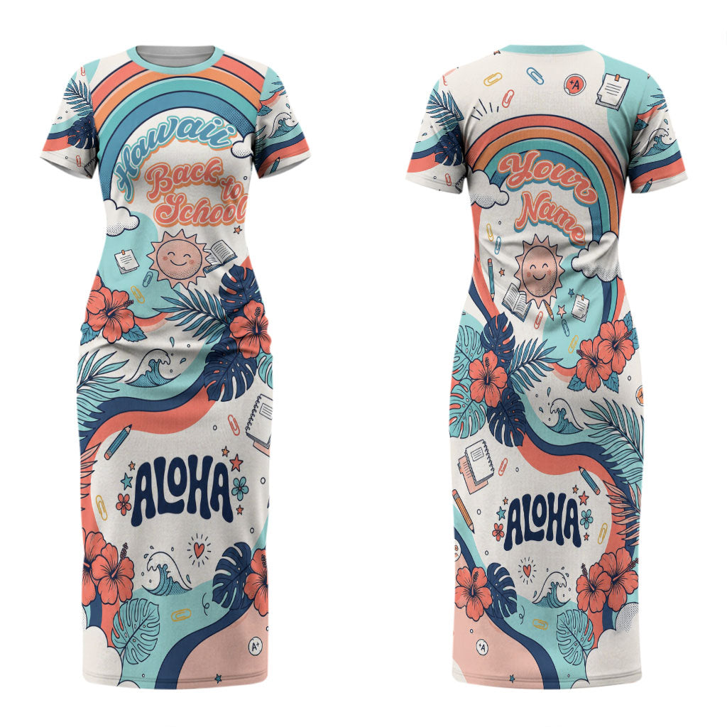 Personalized Hawaii Back To School Family Matching Short Sleeve Bodycon Dress and Hawaiian Shirt Retro Rainbow Sun with Tropical Hibiscus Flowers TS04 Mom's Dress White Blue - Polynesian Pride