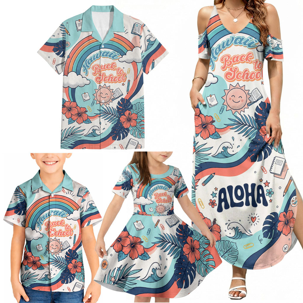 Personalized Hawaii Back To School Family Matching Summer Maxi Dress and Hawaiian Shirt Retro Rainbow Sun with Tropical Hibiscus Flowers TS04 - Polynesian Pride