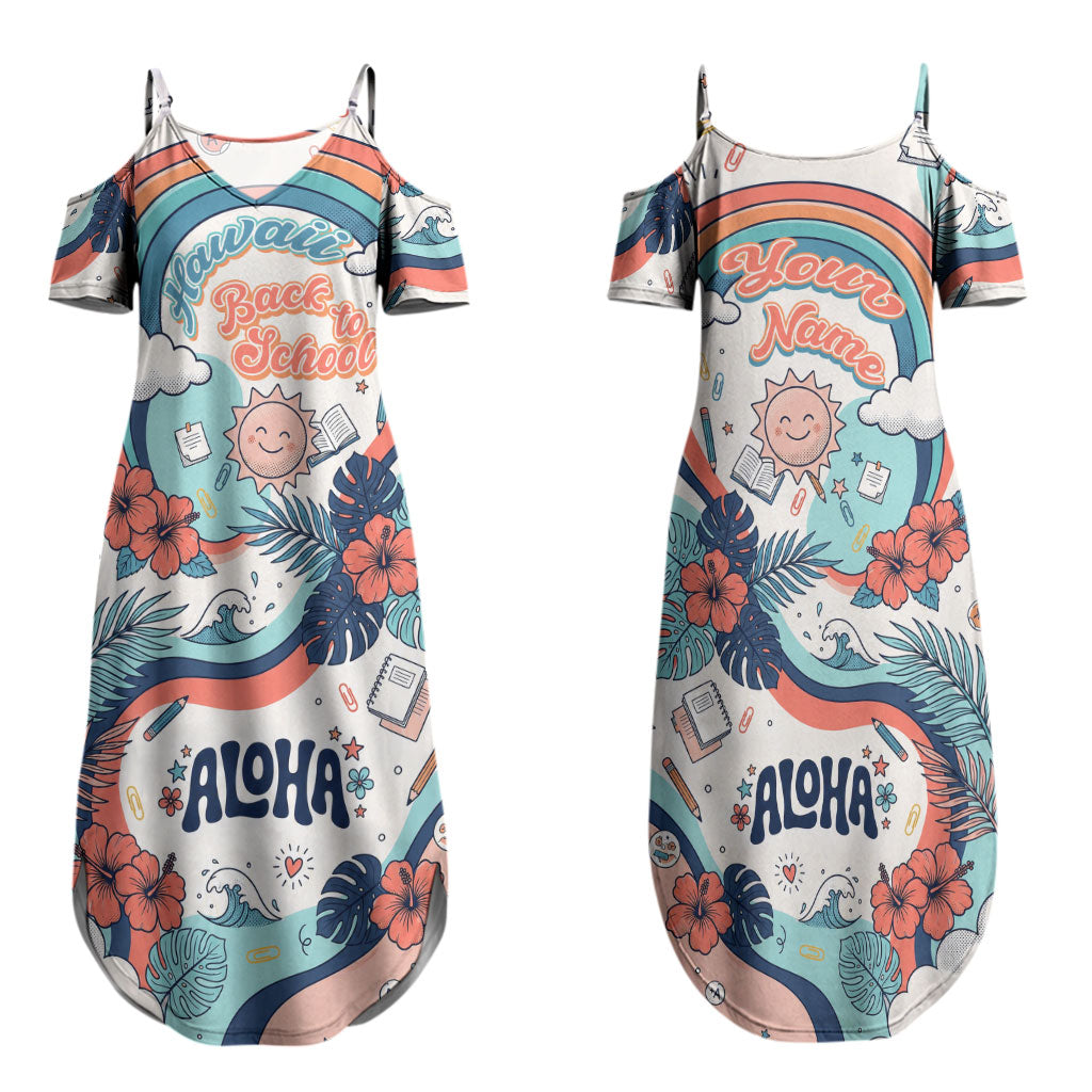 Personalized Hawaii Back To School Family Matching Summer Maxi Dress and Hawaiian Shirt Retro Rainbow Sun with Tropical Hibiscus Flowers TS04 Mom's Dress White Blue - Polynesian Pride