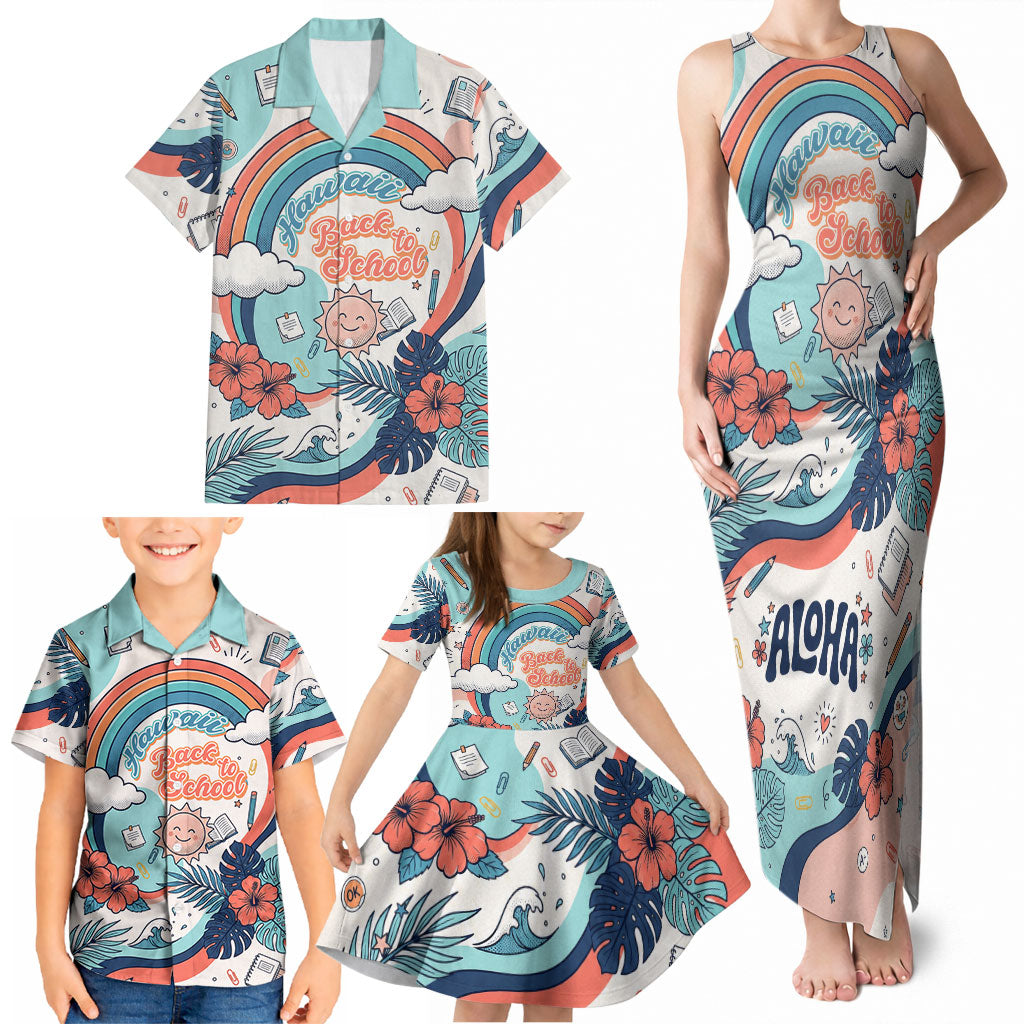 Personalized Hawaii Back To School Family Matching Tank Maxi Dress and Hawaiian Shirt Retro Rainbow Sun with Tropical Hibiscus Flowers TS04 - Polynesian Pride