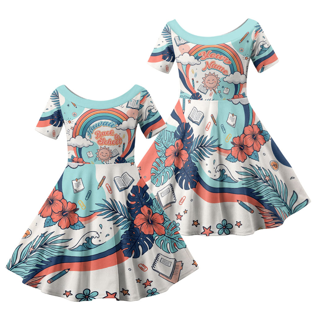 Personalized Hawaii Back To School Family Matching Tank Maxi Dress and Hawaiian Shirt Retro Rainbow Sun with Tropical Hibiscus Flowers TS04 Daughter's Dress White Blue - Polynesian Pride