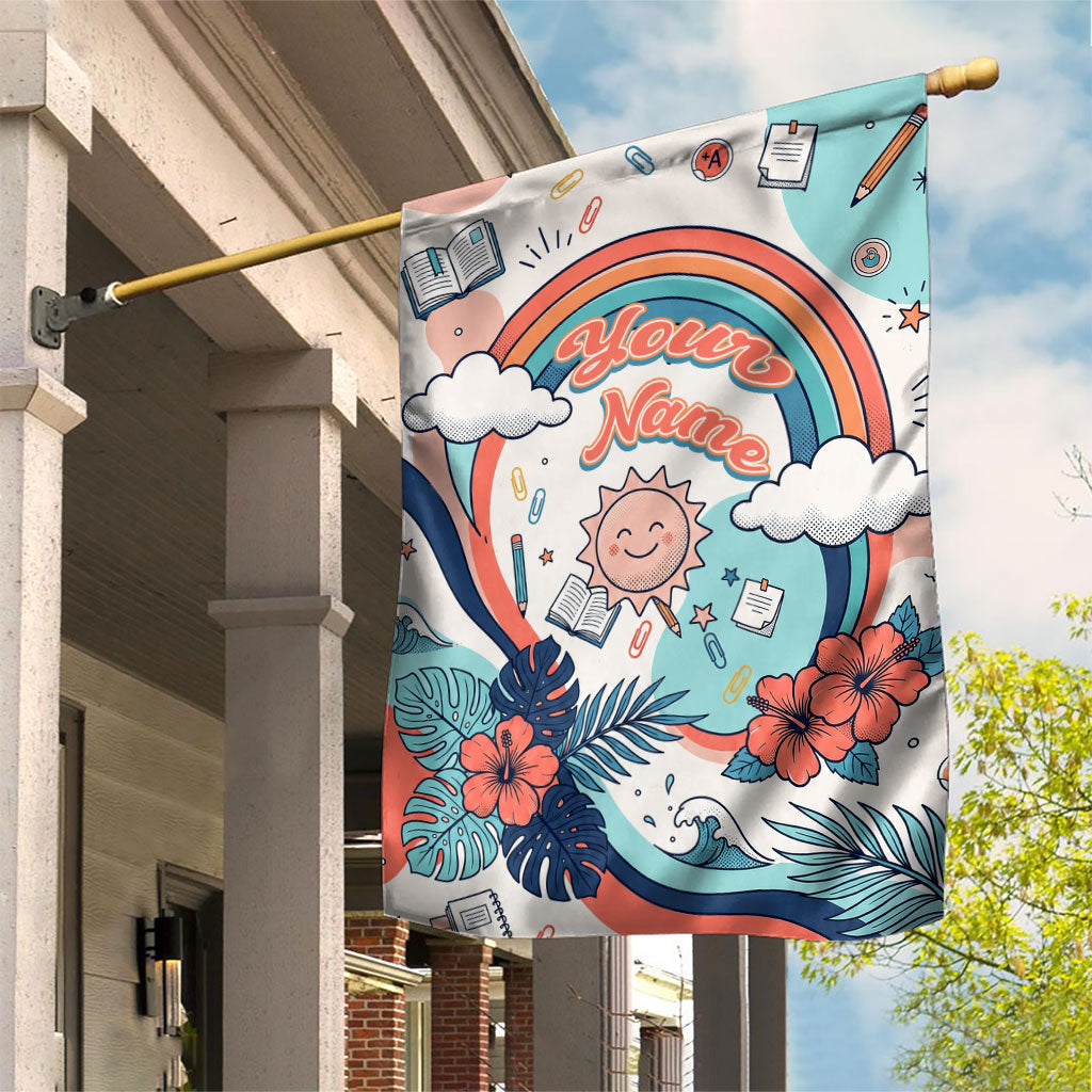 Personalized Hawaii Back To School Garden Flag Retro Rainbow Sun with Tropical Hibiscus Flowers TS04 House Flag White Blue - Polynesian Pride