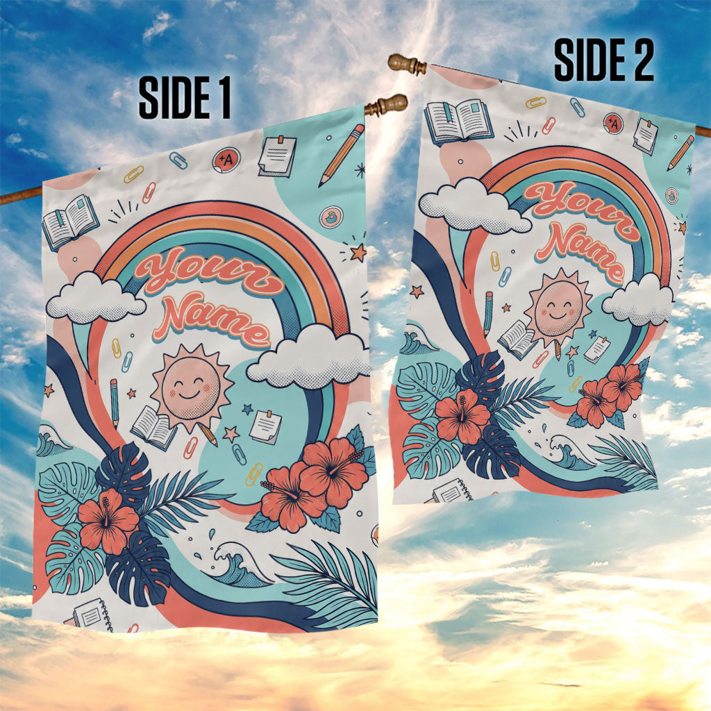 Personalized Hawaii Back To School Garden Flag Retro Rainbow Sun with Tropical Hibiscus Flowers TS04 - Polynesian Pride