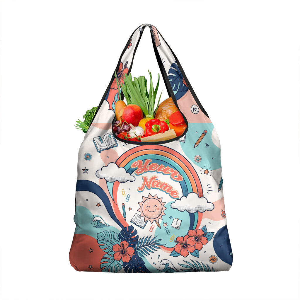 Personalized Hawaii Back To School Grocery Bag Retro Rainbow Sun with Tropical Hibiscus Flowers TS04 1-pack One Size White Blue - Polynesian Pride
