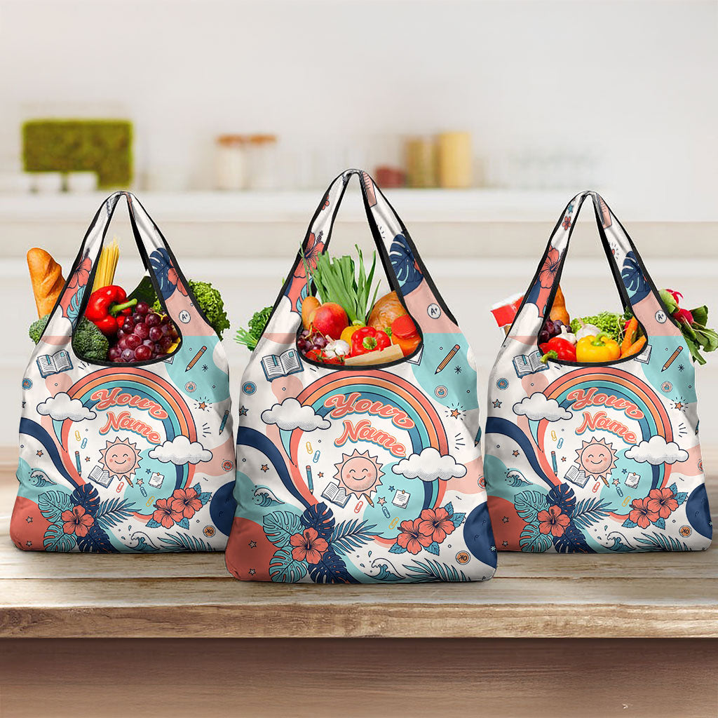 Personalized Hawaii Back To School Grocery Bag Retro Rainbow Sun with Tropical Hibiscus Flowers TS04 3-pack One Size White Blue - Polynesian Pride