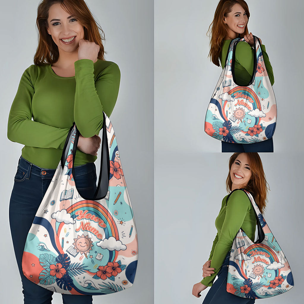 Personalized Hawaii Back To School Grocery Bag Retro Rainbow Sun with Tropical Hibiscus Flowers TS04 - Polynesian Pride