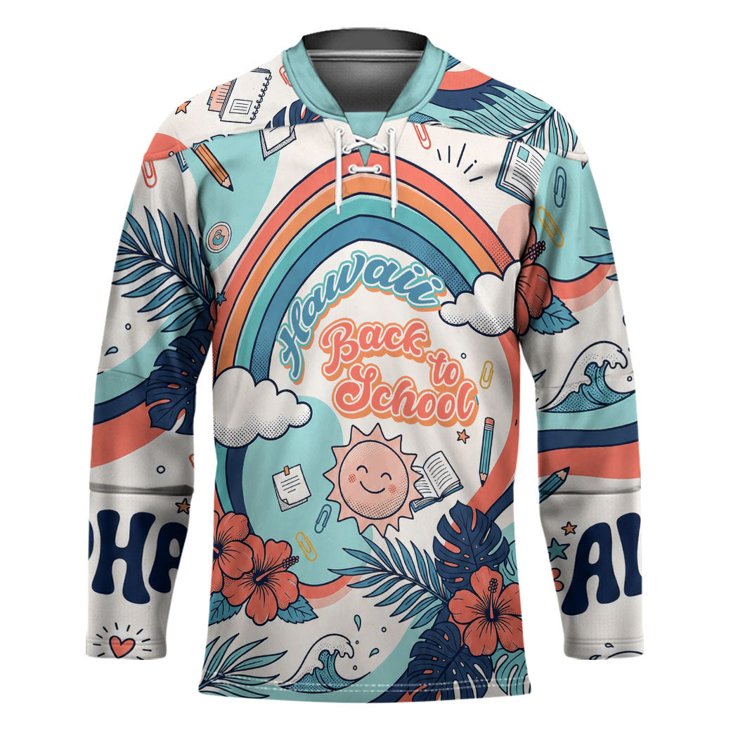 Personalized Hawaii Back To School Hockey Jersey Retro Rainbow Sun with Tropical Hibiscus Flowers TS04 Unisex White Blue - Polynesian Pride