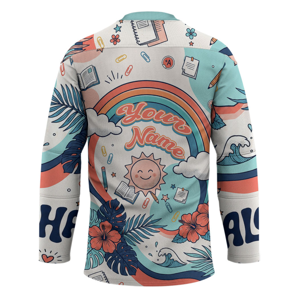 Personalized Hawaii Back To School Hockey Jersey Retro Rainbow Sun with Tropical Hibiscus Flowers TS04 - Polynesian Pride