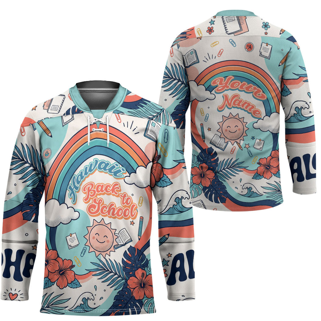 Personalized Hawaii Back To School Hockey Jersey Retro Rainbow Sun with Tropical Hibiscus Flowers TS04 - Polynesian Pride