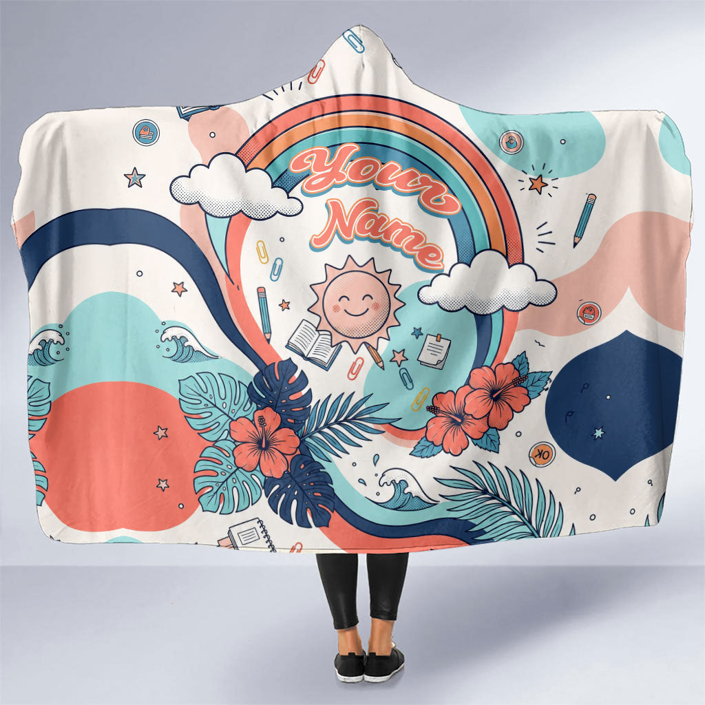 Personalized Hawaii Back To School Hooded Blanket Retro Rainbow Sun with Tropical Hibiscus Flowers TS04 One Size White Blue - Polynesian Pride
