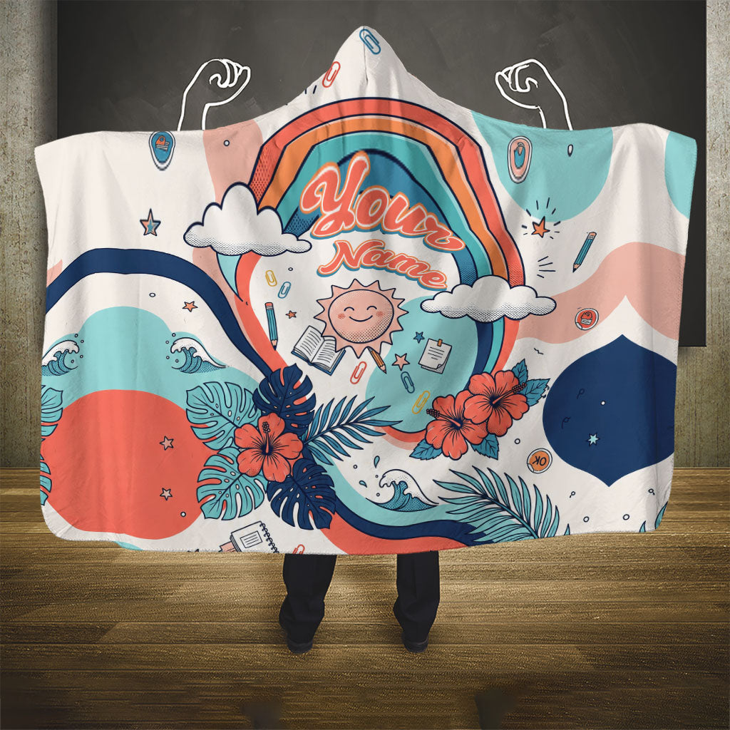 Personalized Hawaii Back To School Hooded Blanket Retro Rainbow Sun with Tropical Hibiscus Flowers TS04 - Polynesian Pride