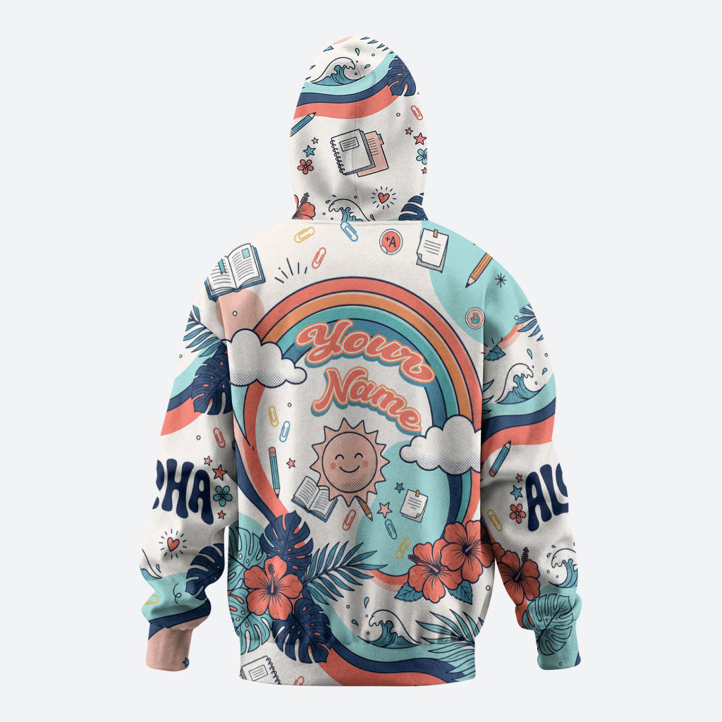 Personalized Hawaii Back To School Hoodie Retro Rainbow Sun with Tropical Hibiscus Flowers TS04 - Polynesian Pride