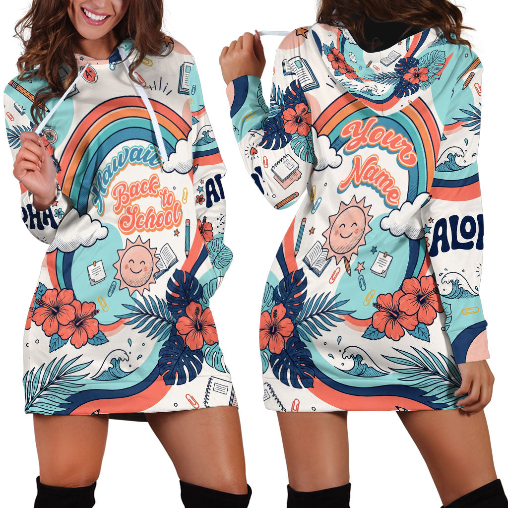 Personalized Hawaii Back To School Hoodie Dress Retro Rainbow Sun with Tropical Hibiscus Flowers TS04 - Polynesian Pride