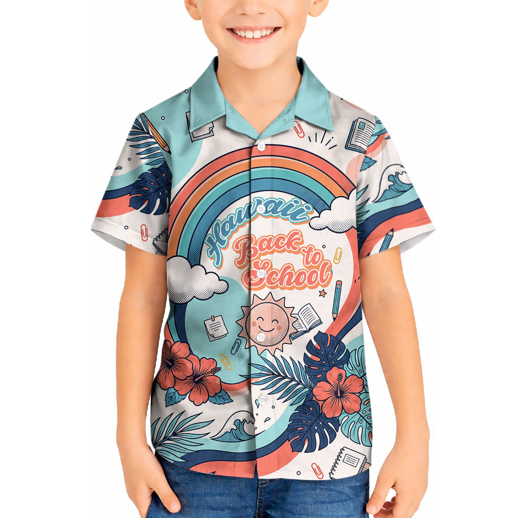 Personalized Hawaii Back To School Kid Hawaiian Shirt Retro Rainbow Sun with Tropical Hibiscus Flowers TS04 Kid White Blue - Polynesian Pride
