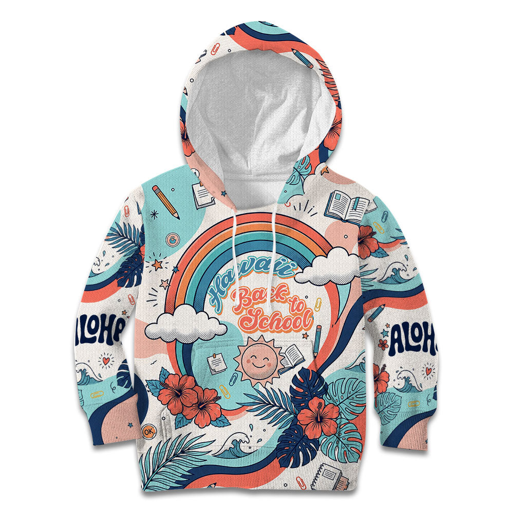 Personalized Hawaii Back To School Kid Hoodie Retro Rainbow Sun with Tropical Hibiscus Flowers TS04 Hoodie White Blue - Polynesian Pride