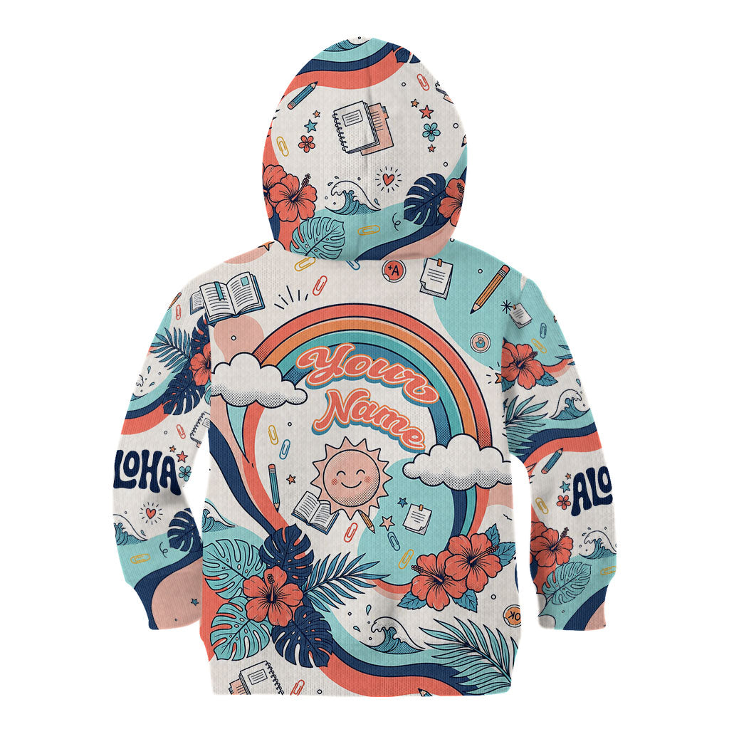 Personalized Hawaii Back To School Kid Hoodie Retro Rainbow Sun with Tropical Hibiscus Flowers TS04 - Polynesian Pride
