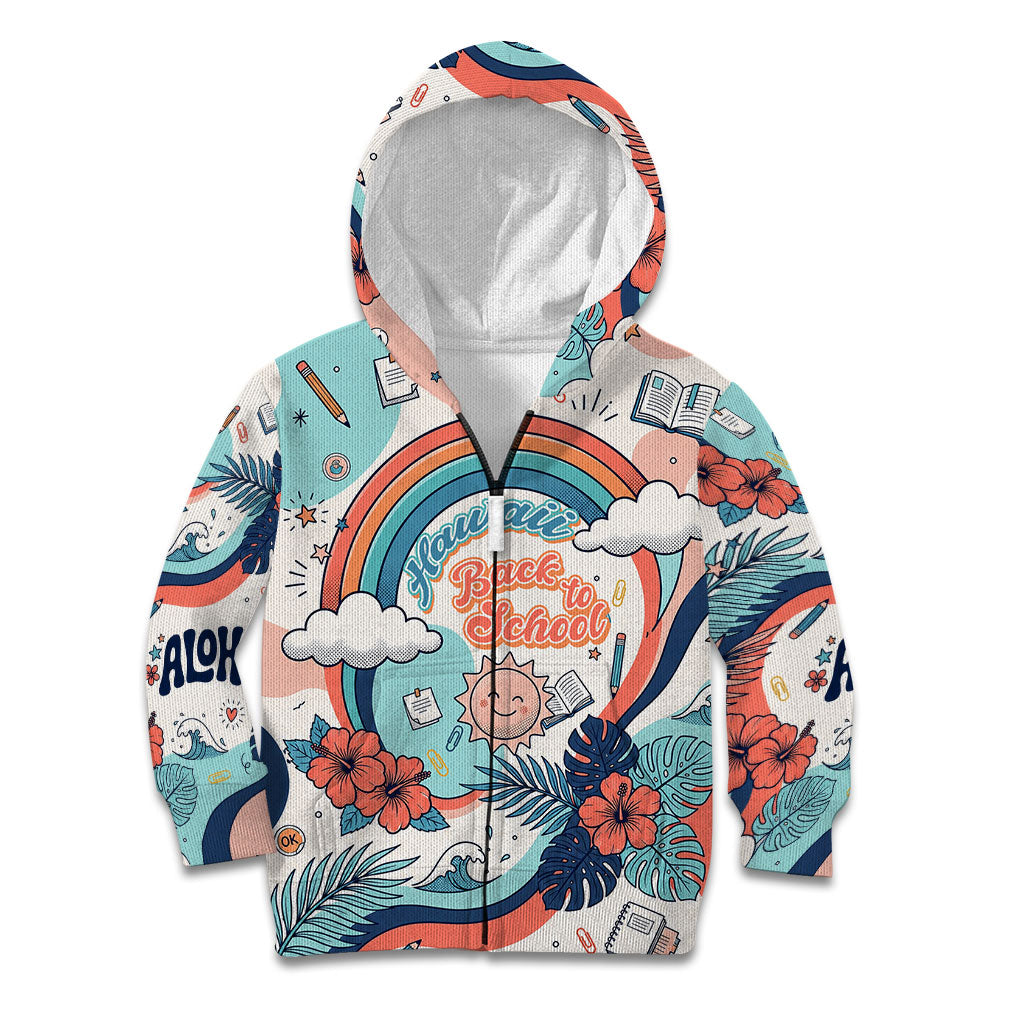 Personalized Hawaii Back To School Kid Hoodie Retro Rainbow Sun with Tropical Hibiscus Flowers TS04 Zip Hoodie White Blue - Polynesian Pride