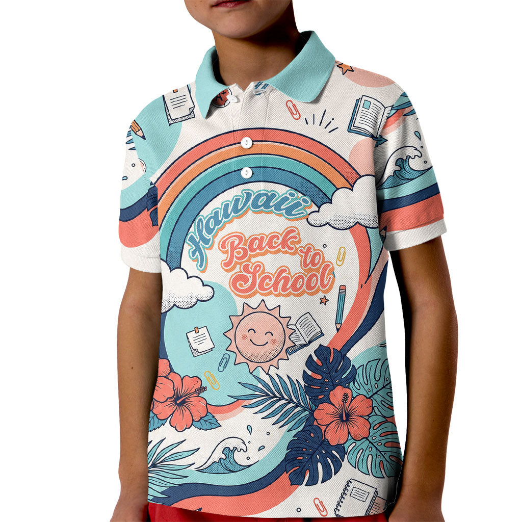 Personalized Hawaii Back To School Kid Polo Shirt Retro Rainbow Sun with Tropical Hibiscus Flowers TS04 Kid White Blue - Polynesian Pride
