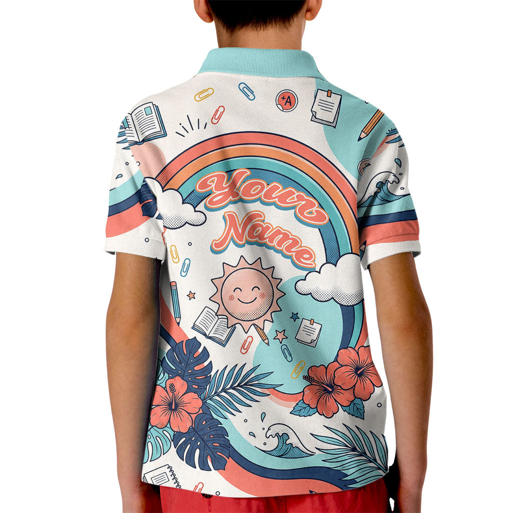 Personalized Hawaii Back To School Kid Polo Shirt Retro Rainbow Sun with Tropical Hibiscus Flowers TS04 - Polynesian Pride