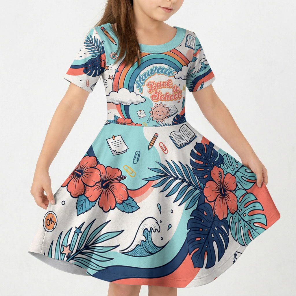 Personalized Hawaii Back To School Kid Short Sleeve Dress Retro Rainbow Sun with Tropical Hibiscus Flowers TS04 KID White Blue - Polynesian Pride