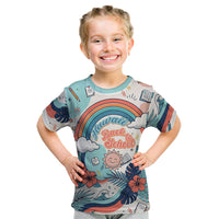 Personalized Hawaii Back To School Kid T Shirt Retro Rainbow Sun with Tropical Hibiscus Flowers TS04 White Blue - Polynesian Pride