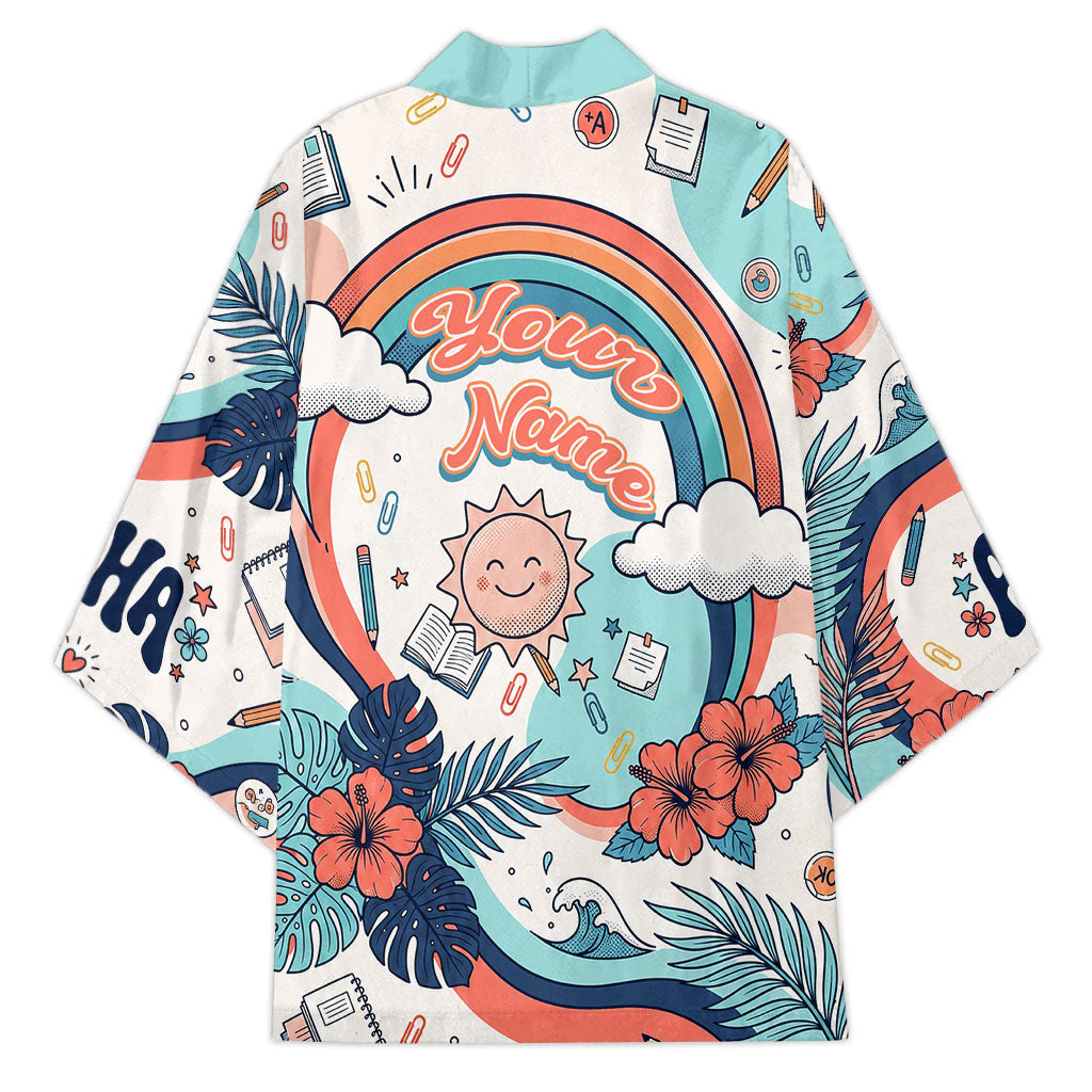 Personalized Hawaii Back To School Kimono Retro Rainbow Sun with Tropical Hibiscus Flowers TS04 - Polynesian Pride