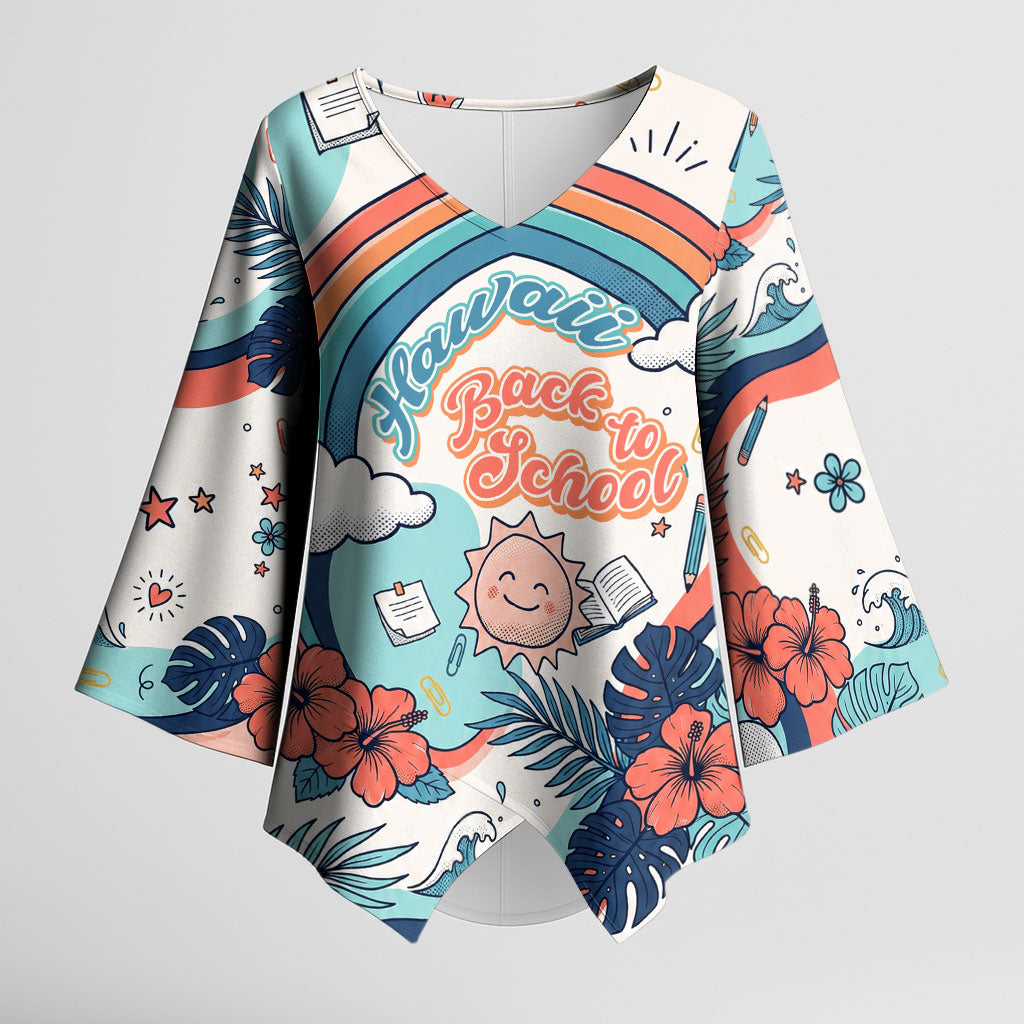 Personalized Hawaii Back To School Kimono Sleeve Blouse Retro Rainbow Sun with Tropical Hibiscus Flowers TS04 Female White Blue - Polynesian Pride