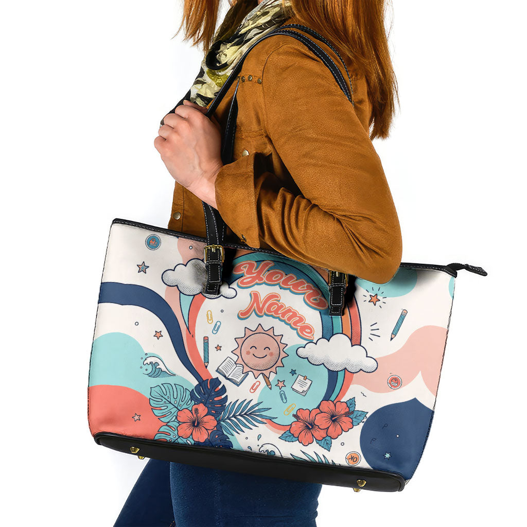 Personalized Hawaii Back To School Leather Tote Bag Retro Rainbow Sun with Tropical Hibiscus Flowers TS04 White Blue - Polynesian Pride