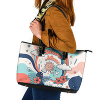 Personalized Hawaii Back To School Leather Tote Bag Retro Rainbow Sun with Tropical Hibiscus Flowers TS04 White Blue - Polynesian Pride