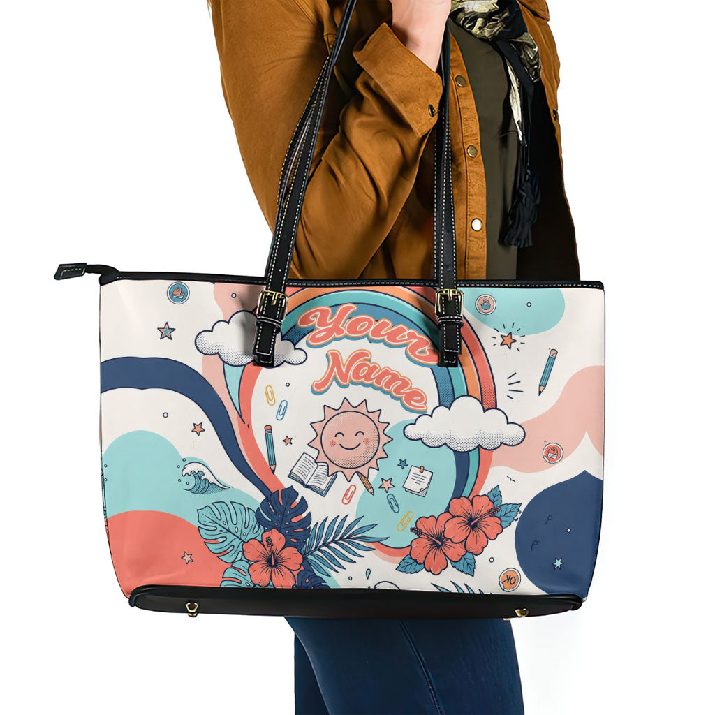Personalized Hawaii Back To School Leather Tote Bag Retro Rainbow Sun with Tropical Hibiscus Flowers TS04 - Polynesian Pride