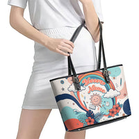 Personalized Hawaii Back To School Leather Tote Bag Retro Rainbow Sun with Tropical Hibiscus Flowers TS04 - Polynesian Pride