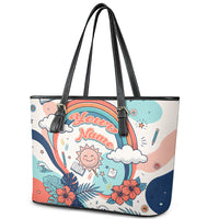 Personalized Hawaii Back To School Leather Tote Bag Retro Rainbow Sun with Tropical Hibiscus Flowers TS04 - Polynesian Pride