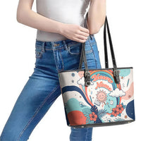 Personalized Hawaii Back To School Leather Tote Bag Retro Rainbow Sun with Tropical Hibiscus Flowers TS04 - Polynesian Pride