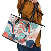 Personalized Hawaii Back To School Leather Tote Bag Retro Rainbow Sun with Tropical Hibiscus Flowers TS04 - Polynesian Pride