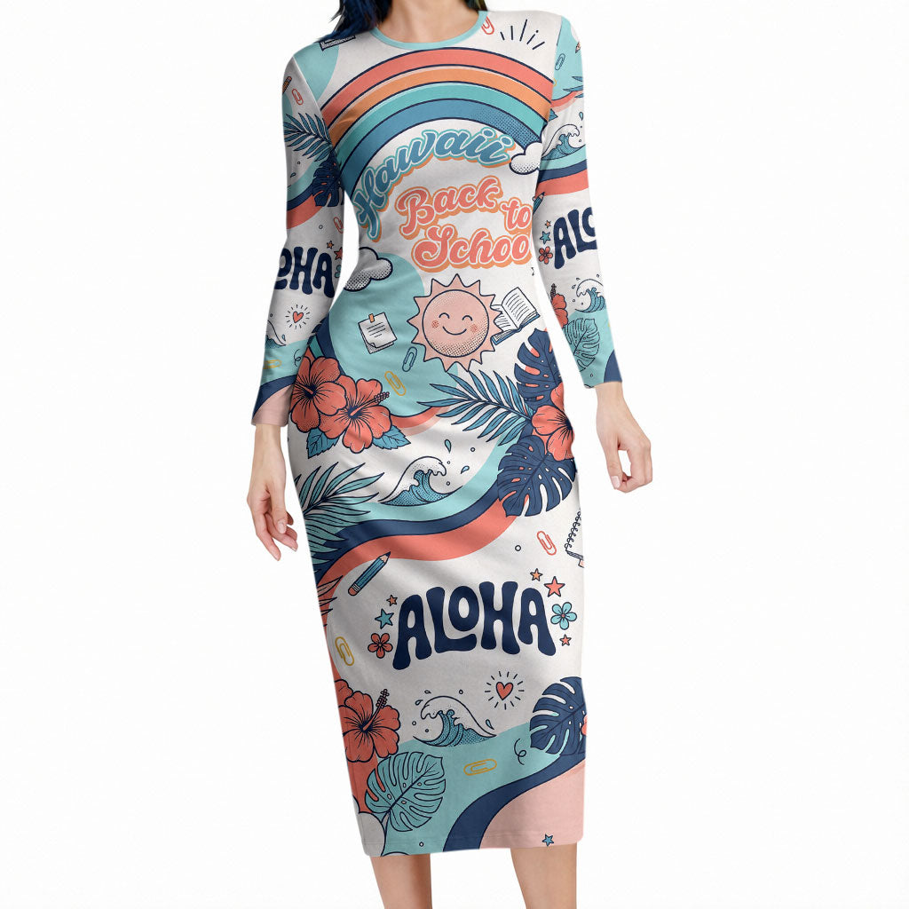 Personalized Hawaii Back To School Long Sleeve Bodycon Dress Retro Rainbow Sun with Tropical Hibiscus Flowers TS04 Long Dress White Blue - Polynesian Pride