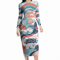 Personalized Hawaii Back To School Long Sleeve Bodycon Dress Retro Rainbow Sun with Tropical Hibiscus Flowers TS04 Long Dress White Blue - Polynesian Pride