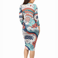 Personalized Hawaii Back To School Long Sleeve Bodycon Dress Retro Rainbow Sun with Tropical Hibiscus Flowers TS04 - Polynesian Pride