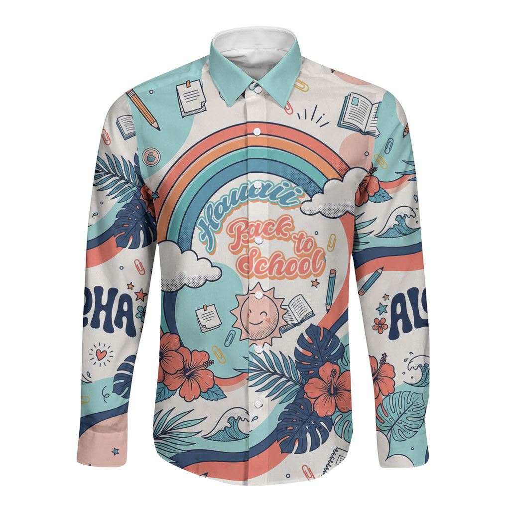 Personalized Hawaii Back To School Long Sleeve Button Shirt Retro Rainbow Sun with Tropical Hibiscus Flowers TS04 Unisex White Blue - Polynesian Pride
