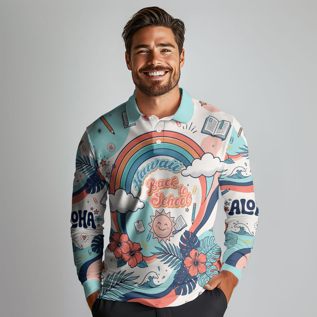 Personalized Hawaii Back To School Long Sleeve Polo Shirt Retro Rainbow Sun with Tropical Hibiscus Flowers TS04 - Polynesian Pride