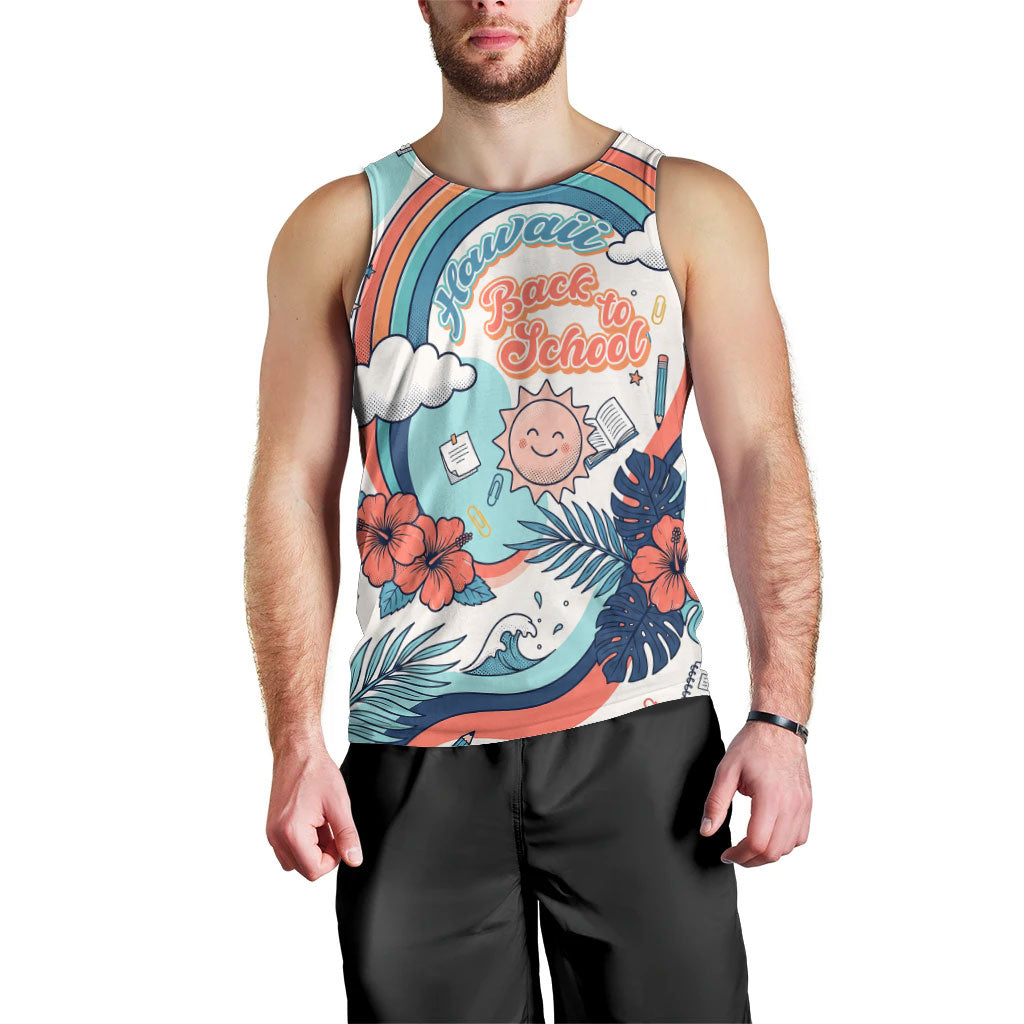 Personalized Hawaii Back To School Men Tank Top Retro Rainbow Sun with Tropical Hibiscus Flowers TS04 - Polynesian Pride