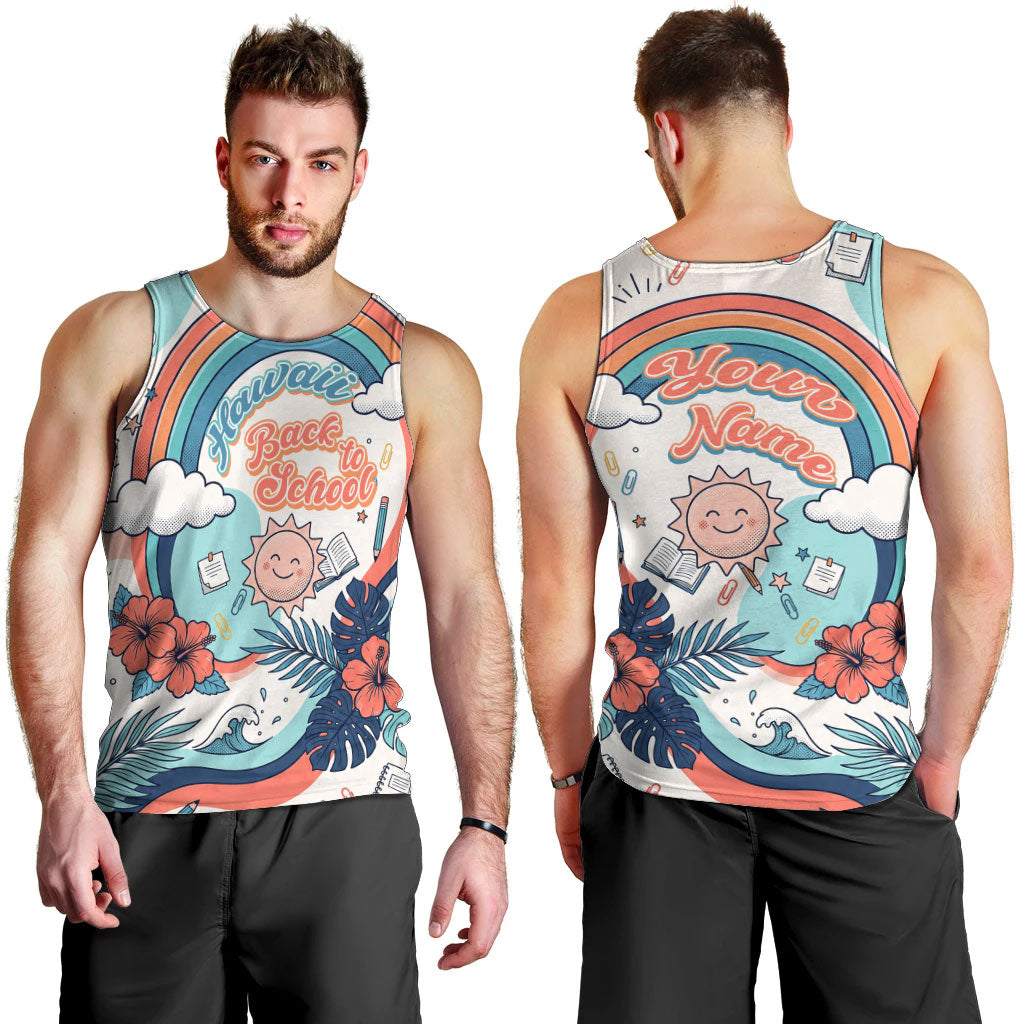 Personalized Hawaii Back To School Men Tank Top Retro Rainbow Sun with Tropical Hibiscus Flowers TS04 - Polynesian Pride